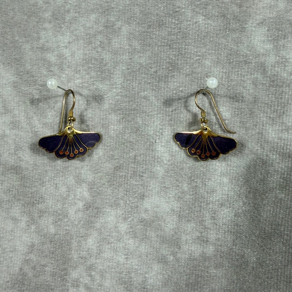 Vtg Laurel Burch Cloisonne Ginkgo Fan Drop Earrings Purple Enamel Gold‎ Tone